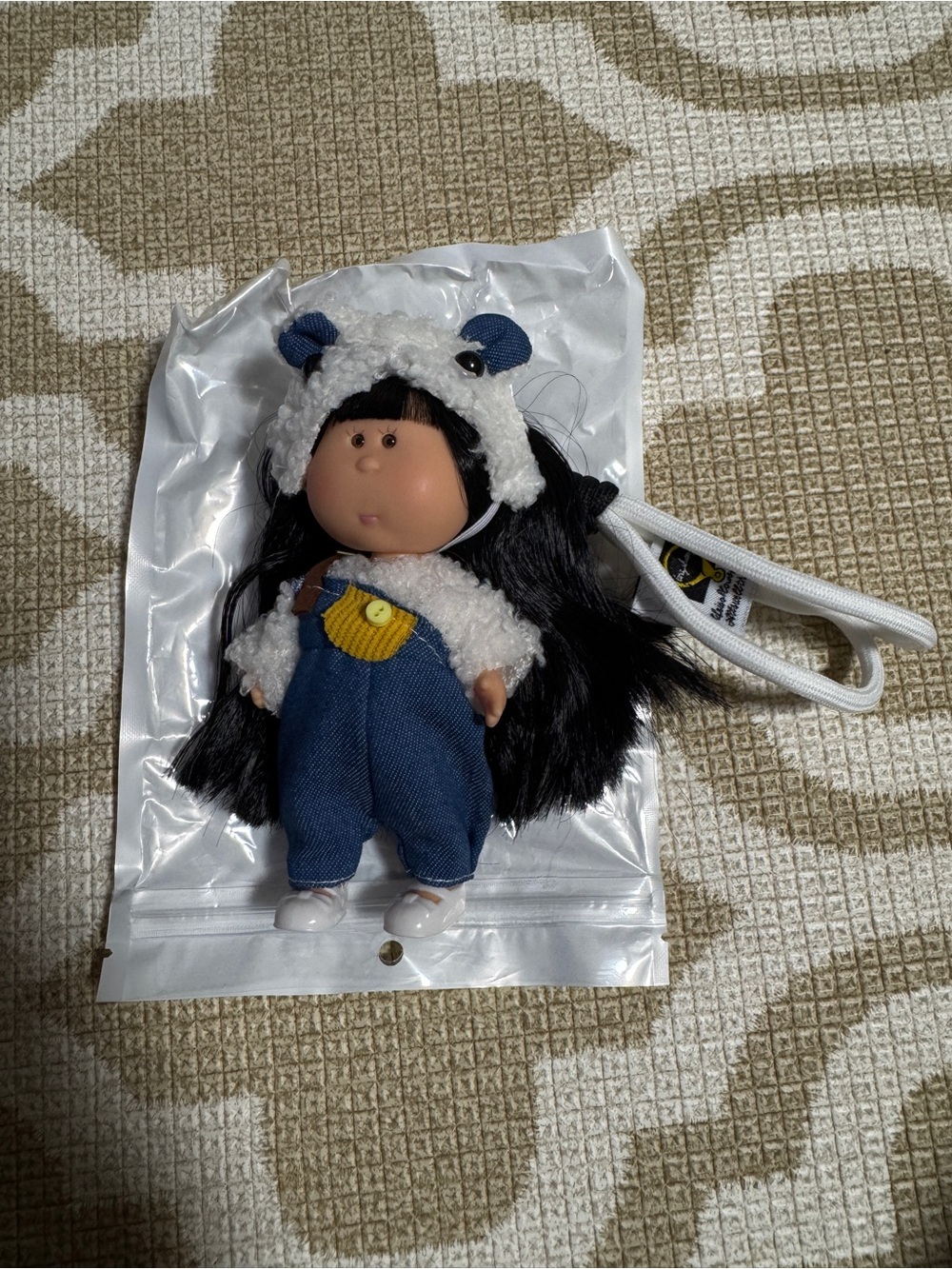 Potato Doll Keychain with Blue Overalls and White Hood